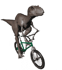 A dinosaur riding a bicycle

Description automatically generated